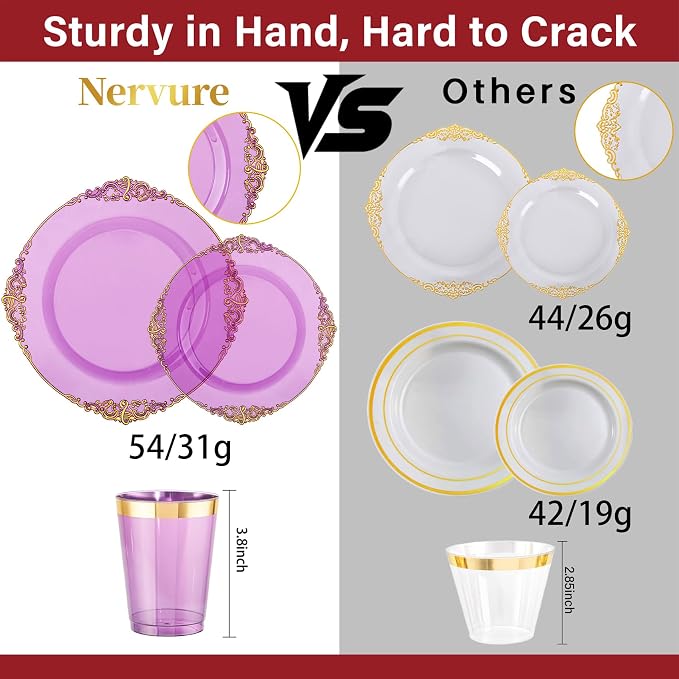 Nervure 350Pcs Purple Plastic Plates, Plastic Dinnerware Set - Image 3