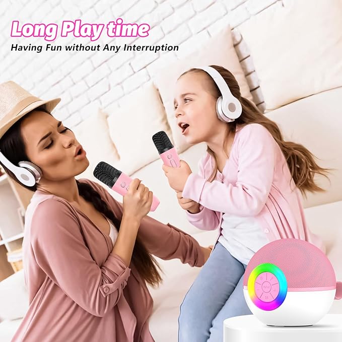 goopow Mini Karaoke Machine Speaker for Kids Adults, Portable Bluetooth Microphone Song Toys with LED Light, Best Chritmas Birthday Festival Gift for 3 4 5 6 7 8+ Year Old Girls Boys (Pink-2Mic)
