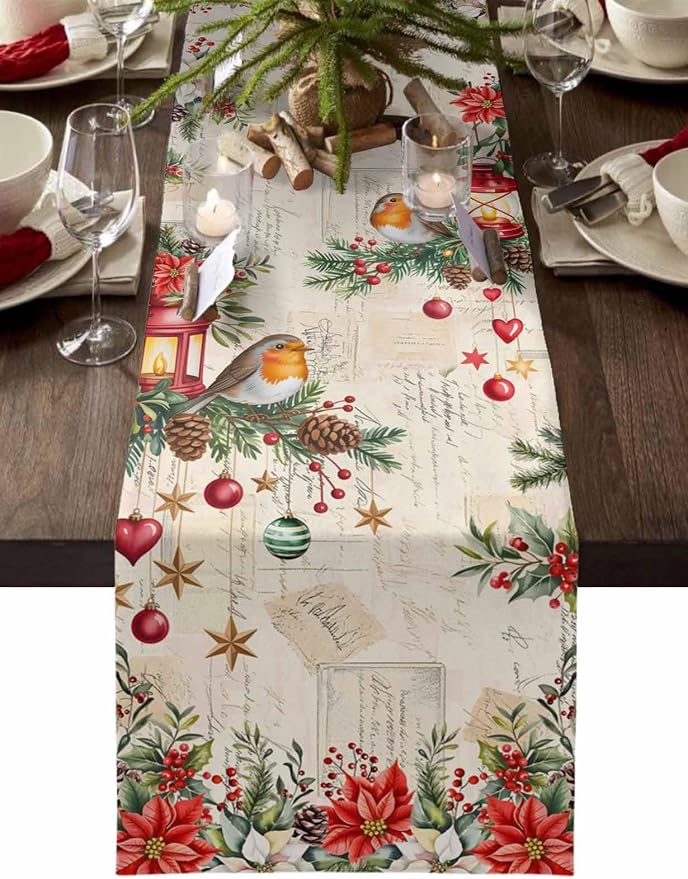 Christmas Poinsettia Table Runner 120 Inches Long, Winter Xmas Balls Birds by Unknown