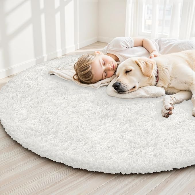 White Round Fluffy Rug 5ft, Soft Bedroom Circle Rugs Mats - Image 7