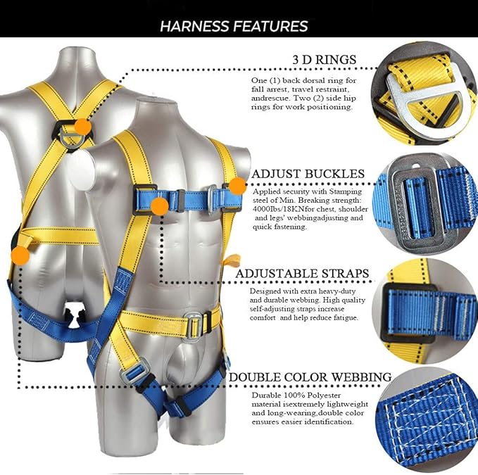 Fall Protection Safety Harness OSHA/ANSI Compliant,internal Shock Absorbing landyard&Hook