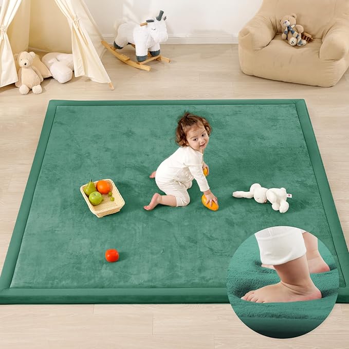 1.3" Thick Baby Play Mat for Floor, 39x59 Foam Tummy Time Mat, Padded Support Soft Plush Nursery Rug for Infant Kids Toddler Crawling Kick Activity (Emerald)