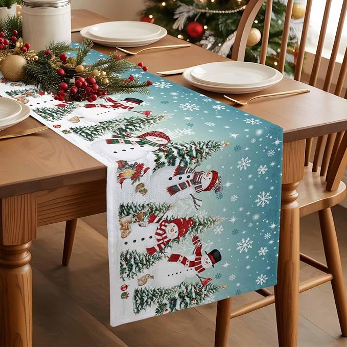 Teal Christmas Snowman Table Runner 90 Inches Long, Xmas Trees Snowflake Table - Image 3