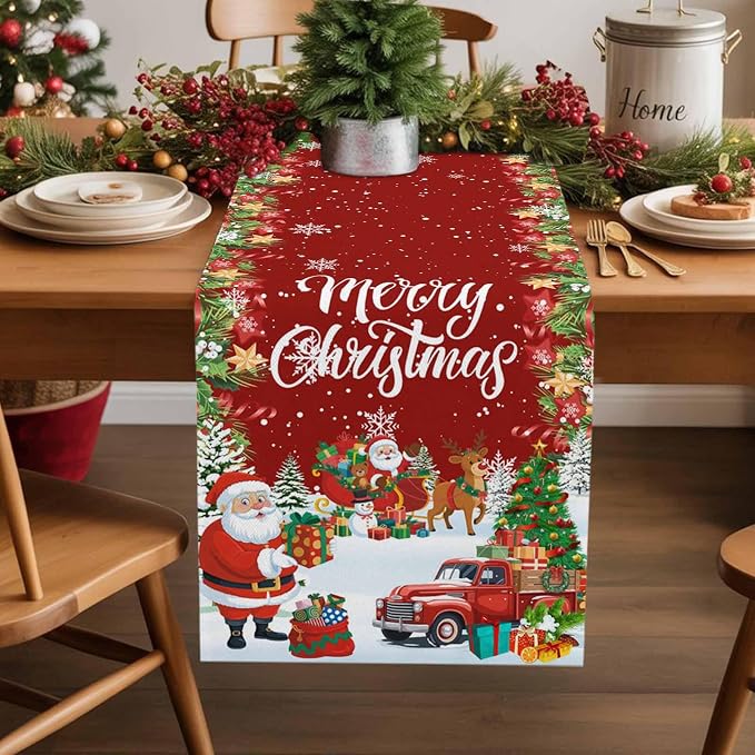 Merry Christmas Table Runner 48 Inches Long, Santa Xmas Tree Snowflake Table - Image 2