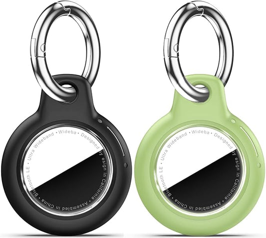 Upgrade Waterproof 2 Pack Airtags Holder with Apple Airtags Keychain, Hard PC Air Tag Case, Anti-Scratch & Shock Air tag Holder, Men's Women's Keyrings & Keychains-Black+Light Green
