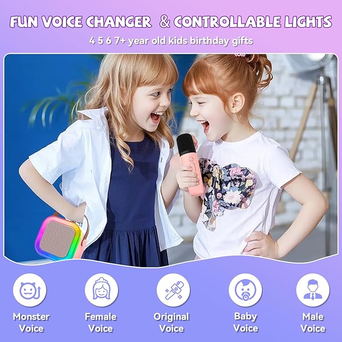 Mini Karaoke Machine for Kids Girls Boys - Birthday Gifts for Ages 4 5 6 7 8+ Year Old - 2025 New est - Portable Bluetooth Speaker with 2 Wireless Microphone - Kids' Instrument Accessories - Pink