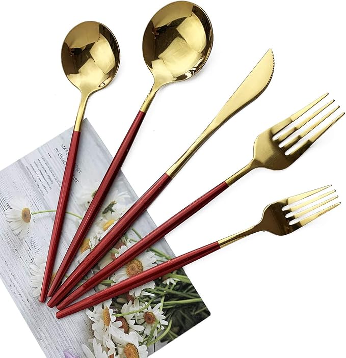 Red Gold Silverware Set, JASHII 30-Piece Stainless Steel Satin Finish Flatware - Image 3