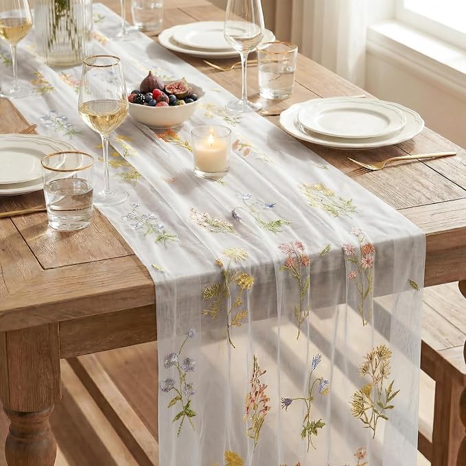 Artoid Mode 6PC Wildflower Floral Milky White Gauze Embroidery Table Runner 120 - Image 7