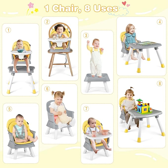 HONEY JOY 8 in 1 Baby High Chair, Convertible Highchair for Babies and Toddlers/Table and Chair Set/Building Block Table/Booster Seat/Stool/Toddler Chair with Safety Harness(Yellow)