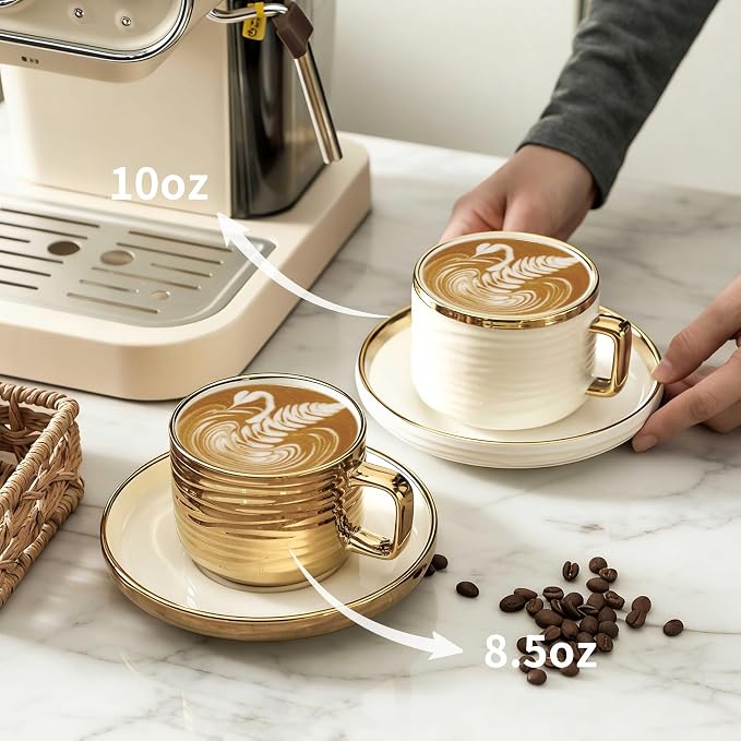 LETAOTAO Cappuccino Cups with Saucers, Coffee Mugs with Gold Trim Set of 4 | - Image 4