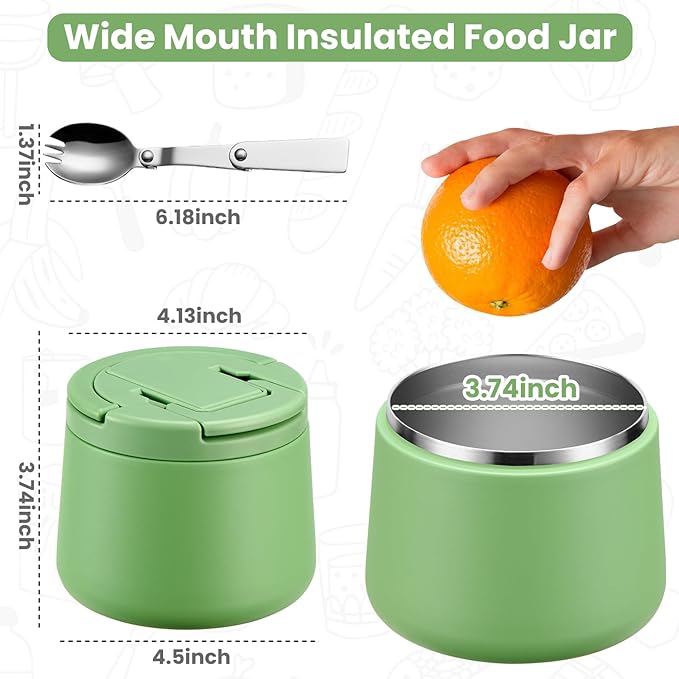 14oz Insulated Vacuum Food Jar with Buckle Lid,Soup Thermo for Hot Food Kids,Wide Mouth Leakproof Stainless Steel Lunch Container with Spoon-Green