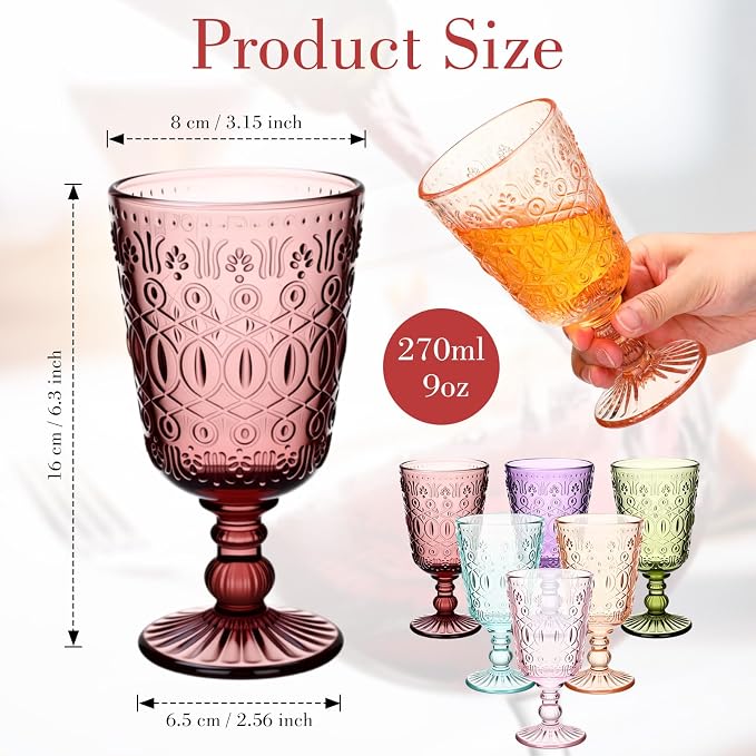 Eaasty Wine Glasses Set of 6 Vintage Goblet 9 oz Vintage Colored Glass Goblet - Image 2