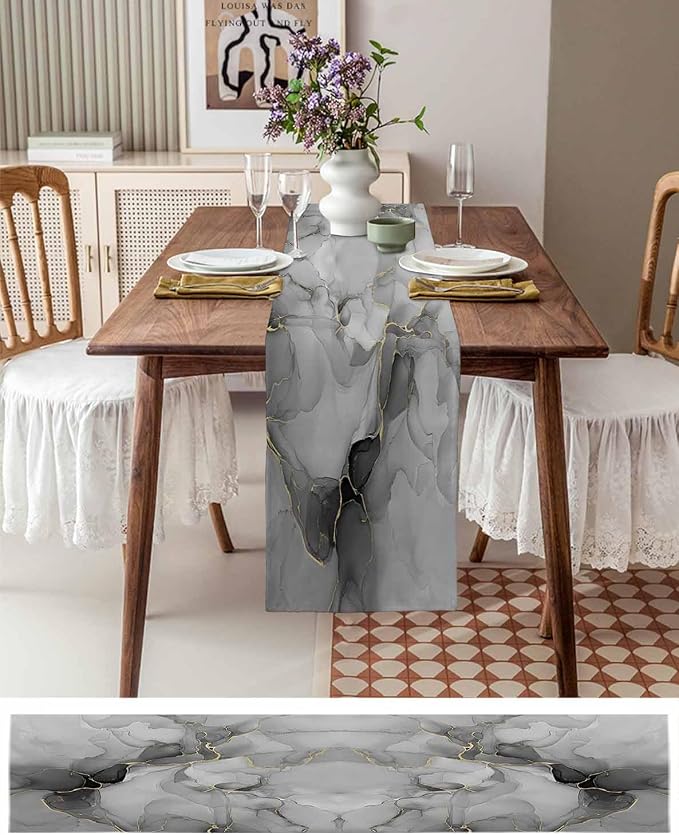 Grey Marble Table Runners 120 Inches Long, Cotton Linen Fabric Table Runner - Image 6