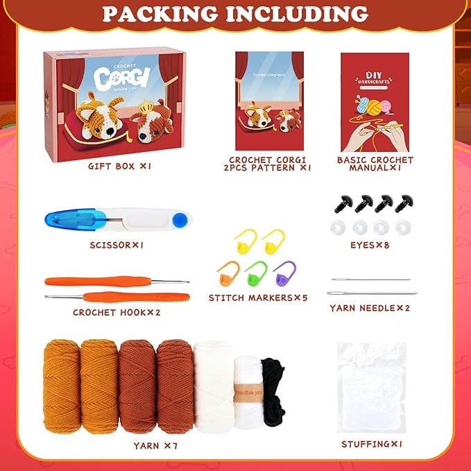 Crochet Kit for Beginners, 2 Adorable Corgi Dog Crochet Animals Kits, Easy Beginner Crochet Kit for Adults & Kids, Women & Men, DIY Craft Knitting Kit with All Supplies