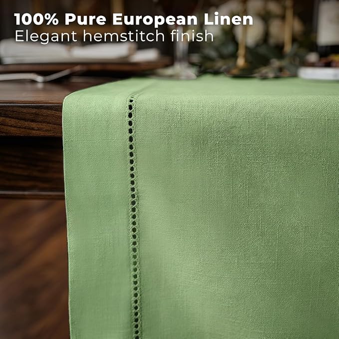 Signature Linen™ by D'Moksha Sage Green Table Runner 60 Inches, 100% Pure Linen - Image 2