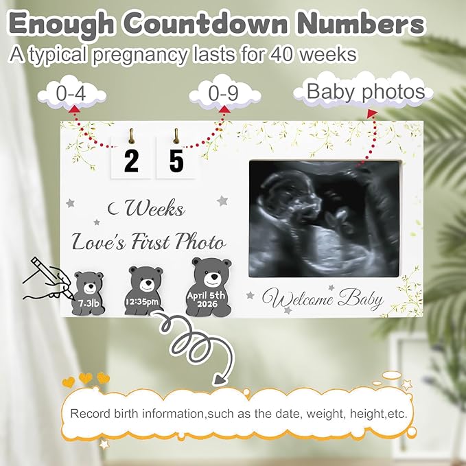 Ultrasound Picture Frames with Countdown Weeks, Baby Sonogram Picture Frame with Plant Prints for Standard 4" x 3" Love's First Ultrasound Photo, Pregnancy Announcement, Gender Reveal Baby-Shower Gift