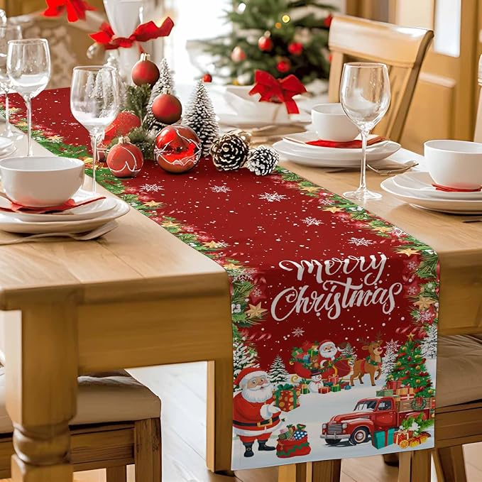 Merry Christmas Table Runner 90 Inches Long, Santa Xmas Tree Snowflake Table - Image 9
