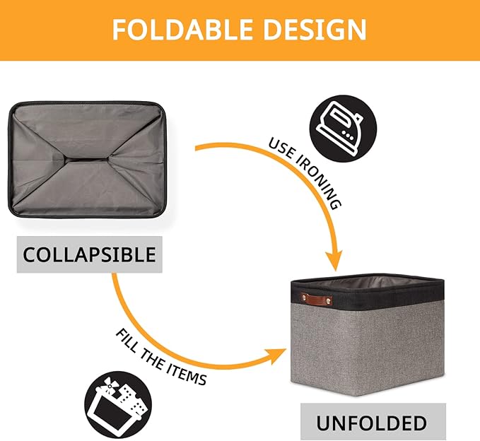 DULLEMELO Storage Bins 16"x12"x12" With Leather Handles for Organizing,Decorative Collapsible Storage Baskets for Shelves Closet Home Office (Black&Grey)