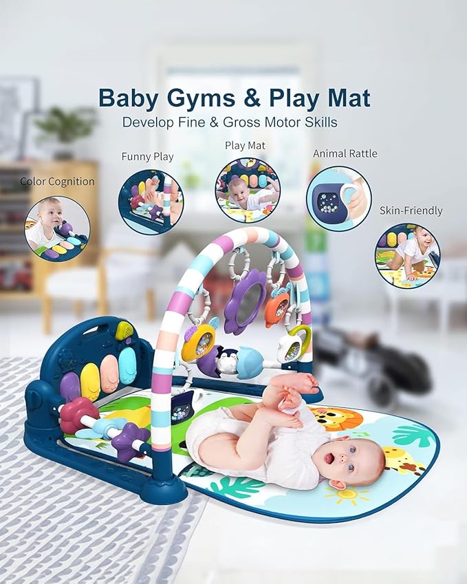 dearlomum Baby Play Mat Baby Gym,Funny Play Piano Tummy Time Baby Activity Mat with 5 Infant Sensory Baby Toys, Music and Lights Boy & Girl Gifts for Newborn Baby 0 to 3 6 9 12 Months（New Blue）