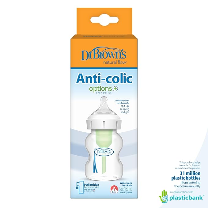 Dr. Brown's Natural Flow Anti-Colic Options+Wide-Neck Baby Bottle, 5 oz/150 mL, Level 1 Nipple, 1-Pack, 0m+