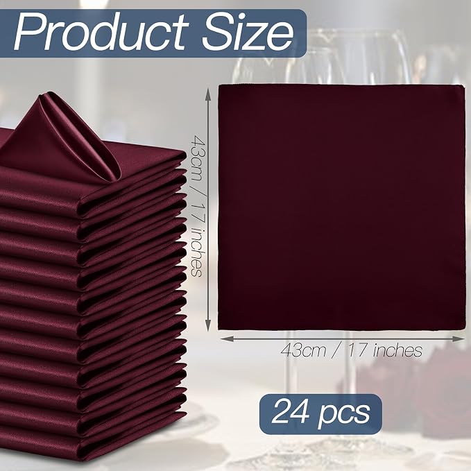 P Pothuiny 24 Pcs Burgundy Satin Napkins 17 x 17 Inch, Satin Cloth Napkins | - Image 2