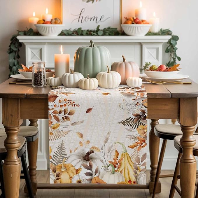 White Golden-Yellow Pumpkin Fall Table Runner 120 Inches Long, Thanksgiving - Image 2