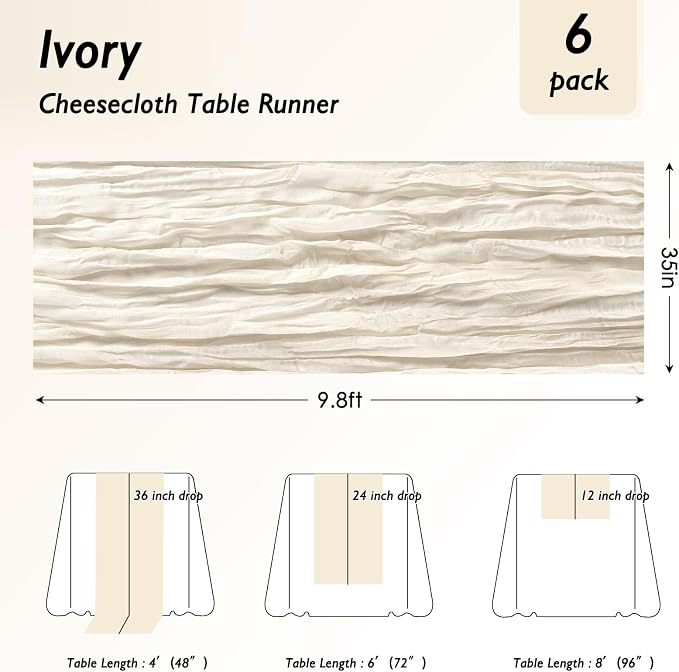 12 Pack Ivory White Cheesecloth Table Runner 120 Inch Boho Wedding Decor | - Image 2