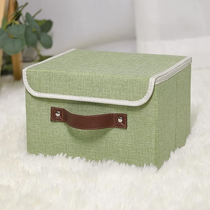 ANMINY 4PCS Storage Bins with Lid PU Leather Handles Storage Boxes PP Plastic Board Decorative Foldable Lidded Cotton Linen Fabric Home Cubes Baskets Closet Organizer Containers - Green, Large Size
