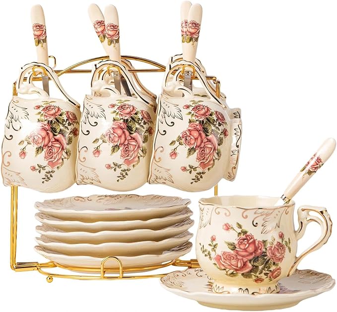YOLIFE Tea Cups and Saucers Set of 6, 8 OZ Pink Rose Coffee Cups | Ivory by YOLIFE