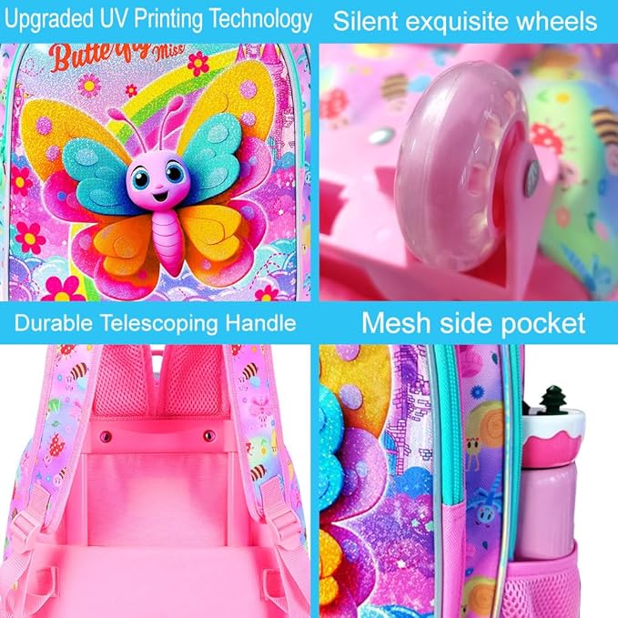 gxtvo Girls Rolling Backpack, Cute Butterfly Roller Wheels Kids Bookbag - Wheeled Elementary School Bag - 3PCS Butterfly
