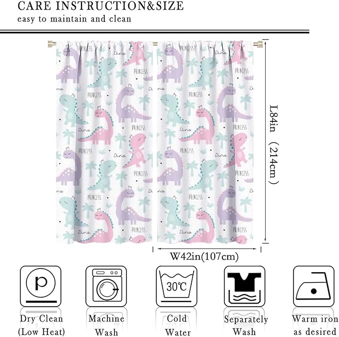 Kids Dinosaur Curtains for Boys Girls Bedroom Decor Cartoon Dino Colorful Cute Funny Animal Wildlife Printed Blackout Rod Pocket Window Drapes for Baby Nursery Playroom W42xL84in 2 Panels