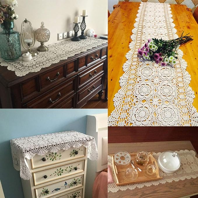 Cotton Handmade Crochet Lace Table Runner Black Rectangle Coffee Table Dresser - Image 2