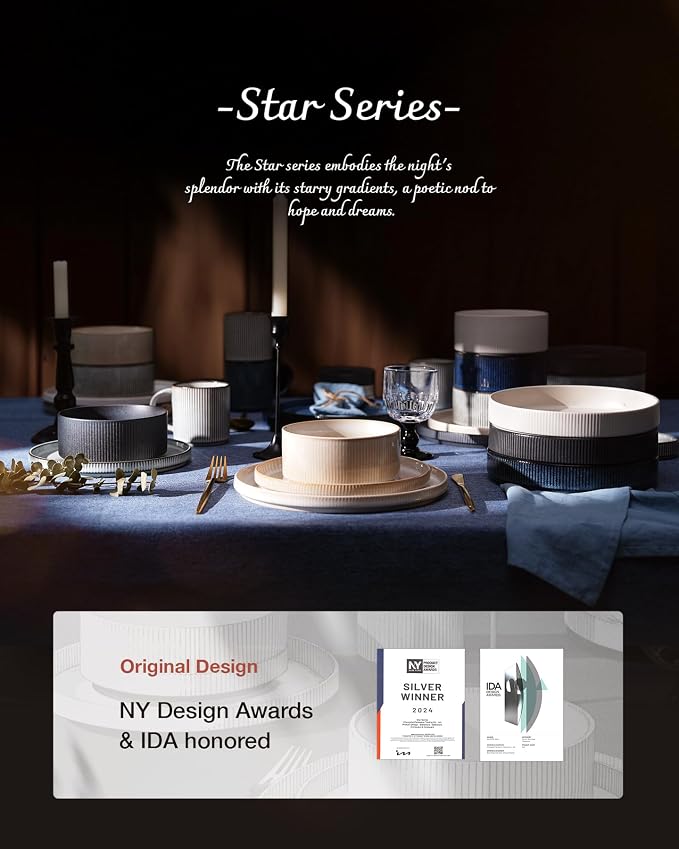 famiware Star 8.25" Pasta Bowls Set of 8, Bowl Plates, Matte White | Microwave - Image 6