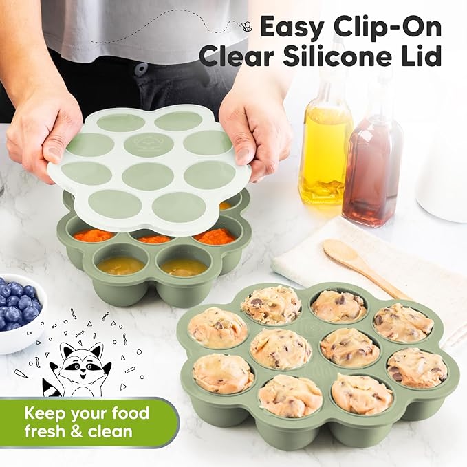 KeaBabies Silicone Food Freezer Trays with Lid, 2oz x 10 Pods Baby Food Storage Containers, Easy Puree Meal Prep, Breast Milk Silicone Freezer Molds, Dishwasher, Microwave Safe, BPA-Free (Sage)