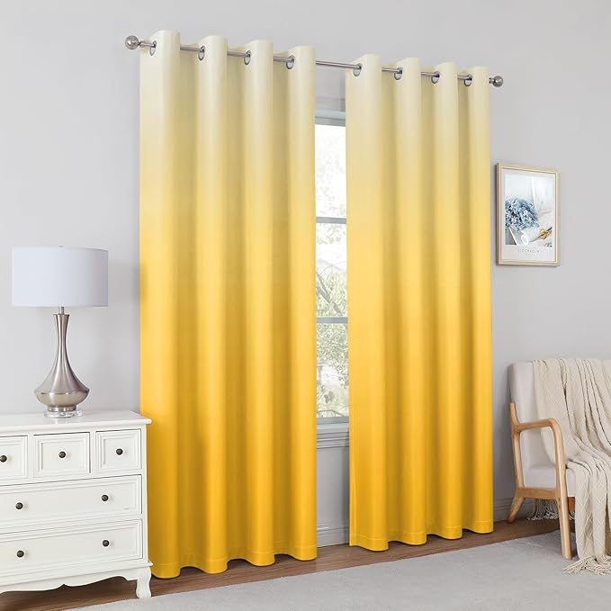 HOMEIDEAS Mustard Yellow Ombre Blackout Curtains 52 X 84 Inch Length Gradient Room Darkening Thermal Insulated Energy Saving Grommet 2 Panels Window Drapes for Living Room, Bedroom