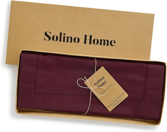 Solino Home Cotton Linen Table Runner Wine, Hemstitch Collection 14 x 90 in | - Image 4