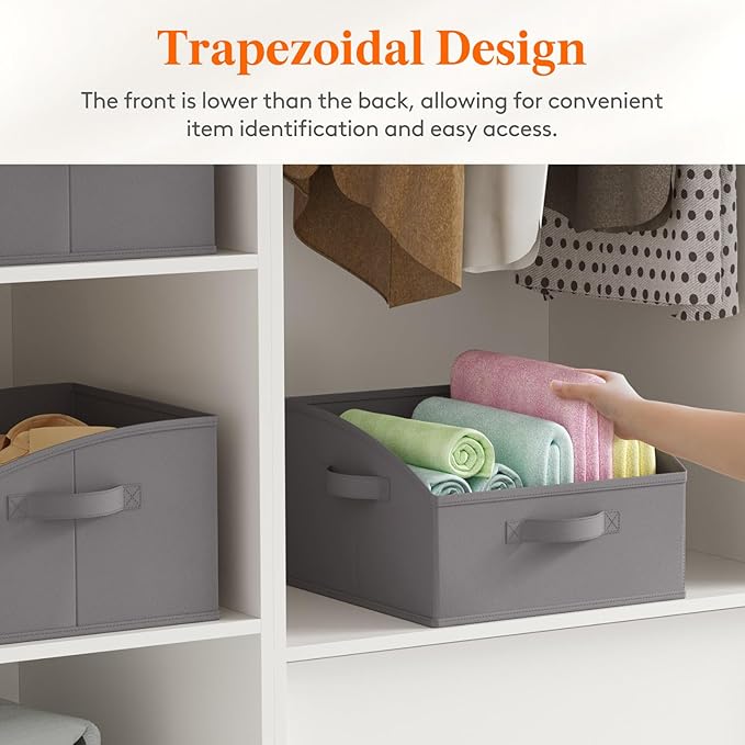 Lifewit Storage Baskets for Shelves, 6 Packs Non-woven Fabric Trapezoid Closet Organizer Bins with Handles, Foldable Clothing Containers Box for Clothes, Toy, Towel, Book, DVD, Hats, Small-Grey