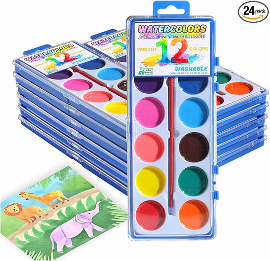 24 Packs Watercolor Paint Set Bulk, 12 Vibrant Colors Washable Watercolors with Brushes for Kids, Art Activities Painting Supplies for School Classroom Home