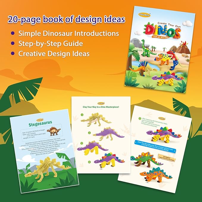 Drama Planet Dinosaur Air Dry Clay Kit – Create 5 Dinosaur Models with 12 Colors of Modeling Clay, Instruction Guide – Fun & Educational Craft Set for Kids