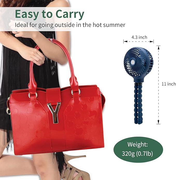 snawowo Mini Handheld Personal Portable Fan, Baby Stroller Fan, Car Seat USB or Battery Powered, with Flexible Tripod Clip on Student Bed Desk Bike Crib Treadmill Camping Traveling(Navy Blue)