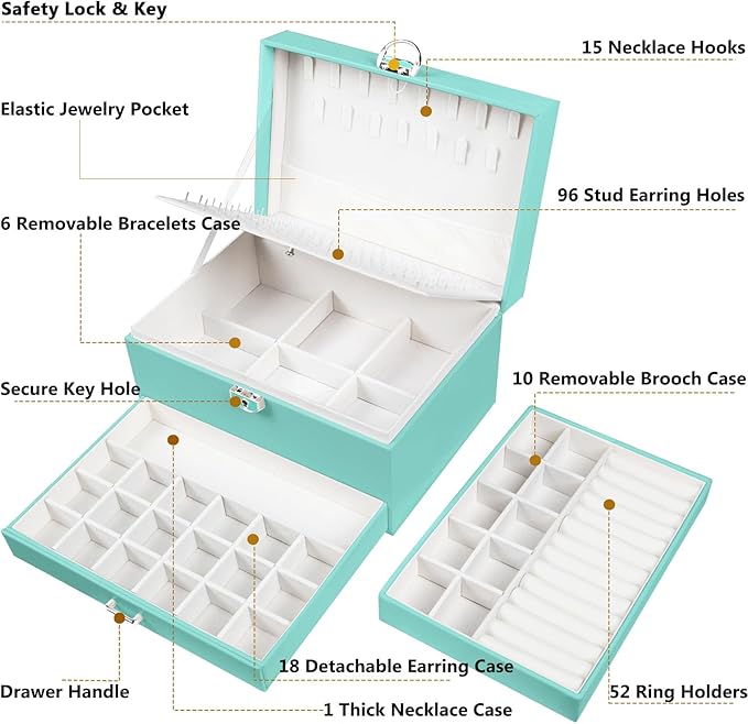 Earrings Jewelry Box for Girls, 5 Layers Jewelry Organizer with Earring Holder Organizer for Girls Earring Organizer Jewelry Boxes for Women Earrings and Necklaces Jewelry Box Organizer Teal