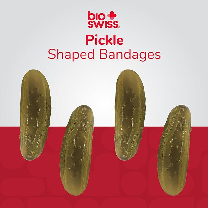 BioSwiss Bandages, Pickle Shaped Self Adhesive Bandage, Latex Free Sterile Wound Care, Fun First Aid Kit Supplies for Kids, 24 Count