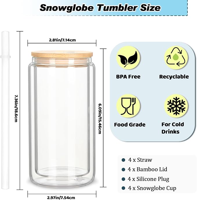 4 Pack 16 Oz Sublimation Snow Globe Tumbler, Snow Globe Cups - Image 2