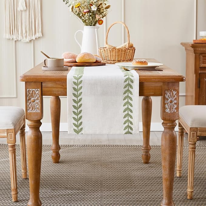 Embroidered Table Runner, Light Green Table Runners 108 Inches Long | Linen - Image 2