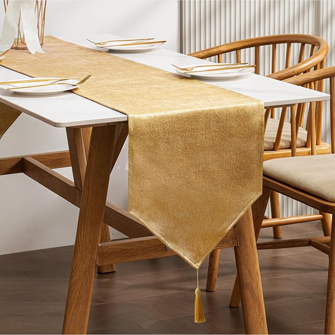 BALCONY & FALCON Table Runner Faux Linen Shimmer Gold 14"x71" | Tasselled by BALCONYFALCON