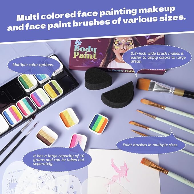 Pintada 120g Large Capacity Face Painting Kit for Kids - 12 x 10g Non Toxic Water Activated Face Paint Palette with Brush, Stencils, Gems, Sponges. For Halloween , Carnival, Party, Festivals & Events.