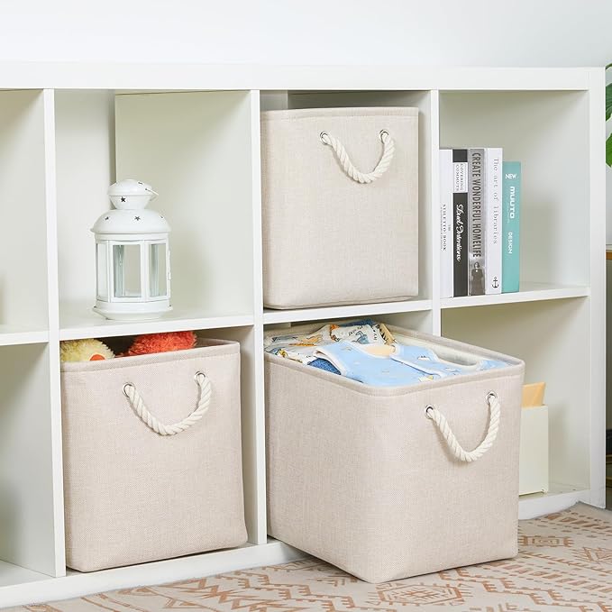 Bidtakay Large Storage Baskets for Shelves 3 Pack Fabric Storage Bins for Organizing Linen Collapsible Organizer for Closet-Light Biege