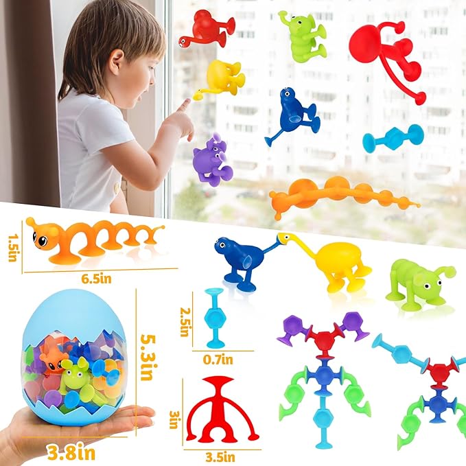 32 PCS Toddler Suction Cup Toys Kids Bath Toy 1-3 3-5 Party Favor Goody Prize Filler Stuffer Gifts for 2+ 3 4 5 6 Year Old Boy Girl Travel Sensory Fidget Window Water Table Toy with Eggshell Storage