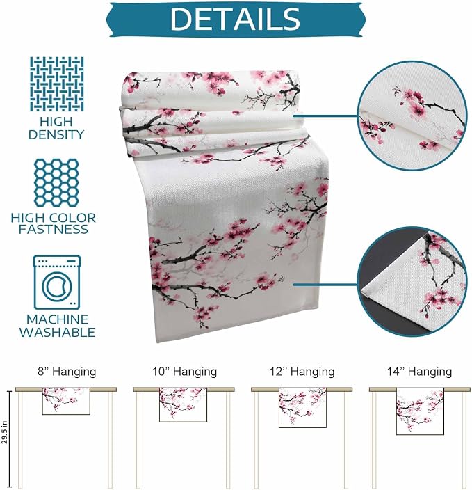 Pink Cherry Flowers Table Runners 60 Inches Long, Cotton Linen Fabric Table - Image 7