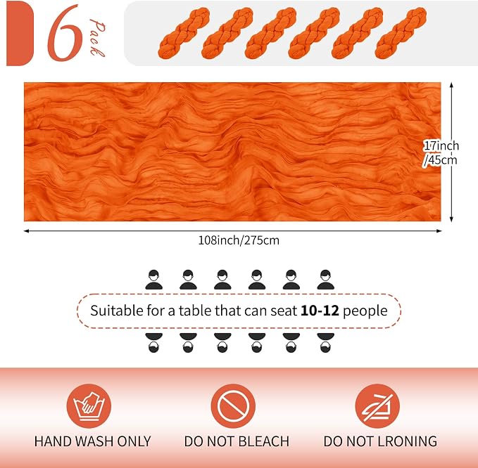 6 Pack Orange Cheesecloth Table Runner 17x108 Inch Semi Sheer Boho Gauze Cheese - Image 2